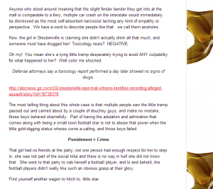 "She's a lying little tramps desperately trying to avoid ANY culpability for what happened to her... make no mistake those boys behaved shamefully. Part of having the adulation and admiration [of] being a small town football star is not the abuse that power when the little gold-digging status whores come a-calling."