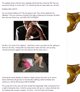 "LittleTramp is free to go about her life, getting as drunk as she likes, chasing after any high-status male she likes, and securing criminal convictions against the men who treat her like the whore she is." - Janet Bloomfield