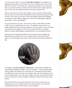 "It's true that men could protect themselves by not acting like dicks" [read: rapists -ID] "The definition of rape in Ohio is so broadly defined that the act of being a dickhead is now as serious as the act of fucking a woman forcibly against and against her will."