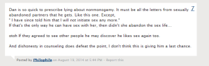 "If that's the only way he can have sex with her, then didn't she abandon the sex life... otoh If they agreed to see other people he may discover he likes sex again too. And dishonesty in counseling does defeat the point, I don't think this is giving him a last chance."